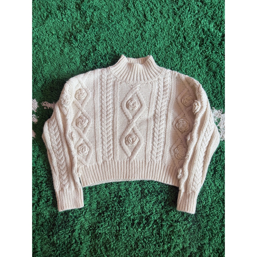 Truth by Republic Ivory Cable Knit Rosette Sweater Mock Neck Wool Blend Small